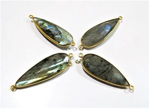 Connecteurs Briolette en Labradorite Naturelle Forme Poire Longue 10x28 à 12x30mm Pierre Grise Double Boucle Sertie - Product Image 2