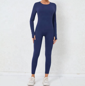 Combinaison de sport pour femme, couleur unie, dos nu, manches longues, longueur intégrale, sans couture, col rond, extensible dans les quatre sens, pour le yoga - Product Image 3