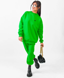 OEM Women Neon Green Crewneck Sweatshirt and Cuffed Sweatpants <b>Set</b> Custom Streetwear Tracksuit Supplier - Product Image 3