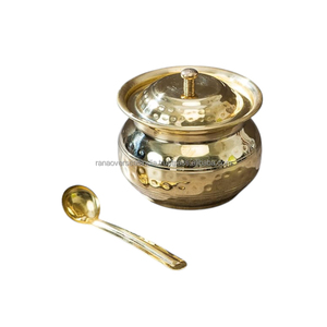 Récipient en laiton métallique à texture martelée avec couvercle et cuillère de rangement pour ghee et huile Plusieurs tailles et styles au choix - Product Image 2