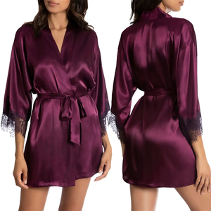 Women Satin Robe Three Quarter Sleeve Mandarin Collar Solid Color Purple Elegant Sleepwear Shorts <b>Elastic</b> Waist <b>Lace</b> Trim High - Product Image 4