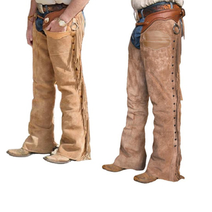 BAND BROTHERS Chaps de cowboy pour hommes, couleur unie, design personnalisé, franges, cuir véritable, fermeture à boucle, coupe décontractée, entraînement - Product Image 3