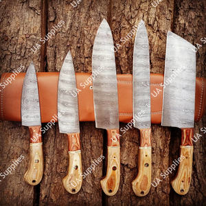 Ensemble de 5 couteaux de cuisine professionnels en acier Damas, fabriqués à la main, manche ergonomique en bois d'olivier, sac de transport en cuir, OEM - Product Image 3