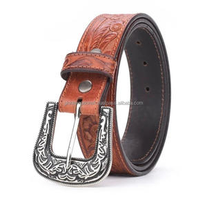 Best Quality Premium Brown Western <b>Leather</b> Hand <b>Tooling</b> <b>Belt</b> for Unisex with Floral Engraved brass buckle set - Product Image 5