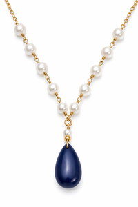 Collier personnalisé plaqué rhodium avec perle de culture d'eau douce en forme de goutte bleu saphir, chaîne en Y, bijou de luxe pour femme, idéal pour mariée - Product Image 3