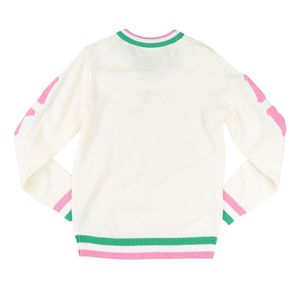 Ivory AKA V Neck Sweater With Pink Green Trim Embroidered Crest Pullover Knit <b>Top</b> Stylish Casual Apparel For <b>Women</b> - Product Image 3