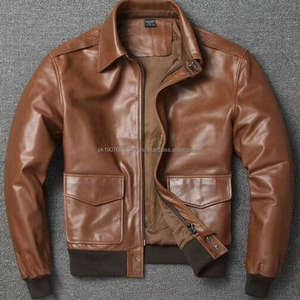 Blouson aviateur A2 vintage vieilli pour homme en cuir véritable ciré avec revers, en cuir de vachette pleine fleur jaune - Product Image 1