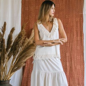 Top Corto Blanco Bohemio con Flecos para Mujer, Top sin Mangas con Cuello en V de Algodón Crudo, Top de Playa de Tela Bohemia - Product Image 3