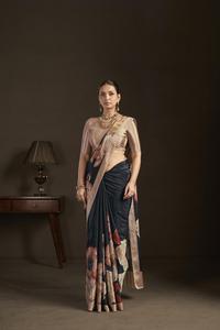 Sari prêt-à-porter en crêpe de soie imprimé numérique à motif floral avec chemisier cousu, style traditionnel indien - Product Image 6
