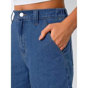 Trendy Mid <b>Waist</b> Straight Cut Womens <b>Jean</b> Shorts Fashion Outfits with Button Decor Casual Logo on <b>Waist</b> - Product Image 3