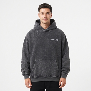Sudadera con capucha extragrande personalizada para hombre, de algodón lavado al ácido, gruesa, con capucha con pedrería personalizada y bolsillo canguro, logotipo bordado personalizado - Product Image 3