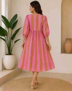 Robe Courte Rose Marron Rayée Col V Coupe Trapèze Manches Bouffantes Taille Naturelle 100% Coton Imprimé Numérique Décontractée Formelle Simple Robe d'Été - Product Image 2
