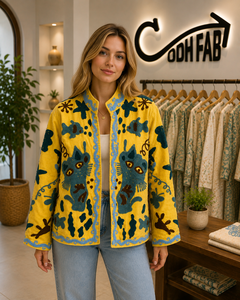 Veste longue en velours brodée motif chat jaune, faite main, style bohème, vintage, ethnique, de créateur, pour femme, collection Hiver/Printemps - Product Image 2