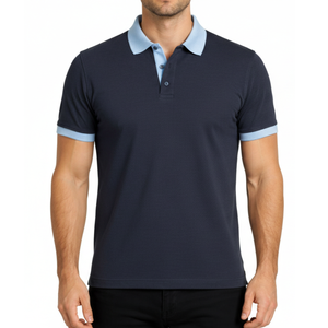 Polo para hombre de alta demanda, cuello azul claro en contraste, azul marino, corte ajustado, informal, deportivo, con capucha, manga corta, para golf. - Product Image 1
