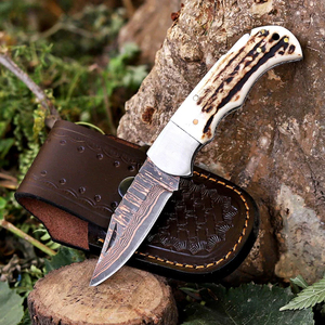 Cuchillo Plegable Personalizable con Hoja de Cobre Damasco, Mango de Asta de Ciervo y Funda de Cuero, Cuchillo de Caza de Bolsillo EDC San Mai Personalizado - Product Image 5