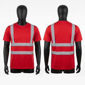 Camiseta de Trabajo Premium de 220g de Algodón/Fibra de Bambú, Roja, con Cinta Reflectante de Alta Visibilidad, Logotipo Personalizado en la Parte Delantera, Protección Anti-UV - Product Image 1