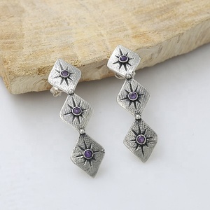 Natural Amethyst 925 Sterling Silver Vintage Long <b>Dangle</b> Studs <b>Earrings</b> Geometric <b>Diamond</b> Shaped Purple Gemstone Drop <b>Earring</b> - Product Image 2