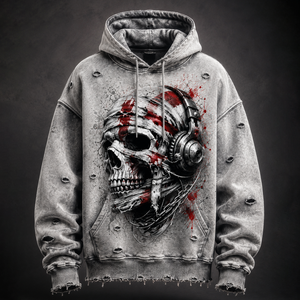 Sweat-shirt à capuche personnalisé pour homme, en coton épais, délavé à l'acide, effet vieilli et déchiré, avec motif crâne et écouteurs, coupe oversize, style vintage grunge - Product Image 3