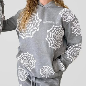 Conjunto Deportivo Unisex con Estampado de Telaraña Gris, Sudadera con Capucha de Manga Larga y Pantalones, Ropa Casual de Otoño con Cierre de Cordón - Product Image 3