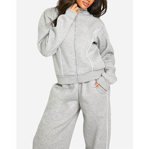 2026 Custom Women's <b>Oversized</b> Zip Up Tracksuit 100% Cotton Fleece Jacket Wide Leg <b>Sweatpants</b> OEM Manufacturer - Product Image 5