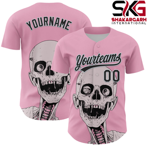 Camiseta de béisbol rosa personalizada con estampado de esqueleto, ropa deportiva con botones, nombre del equipo personalizado, camiseta con nombre y número - Product Image 1