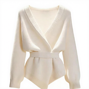 Herfst/Winter Elegante damescardigan: Diepe V-hals, effen kleur, witte kraag/manchetten, gestreepte zoom, ceintuur. Stedelijke casual stijl - Product Image 1