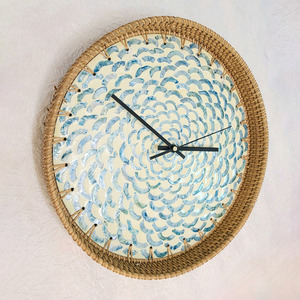 Horloges murales vintage en rotin avec nacre, cadres d'horloges tissés, pièces décoratives pour la maison - Product Image 5