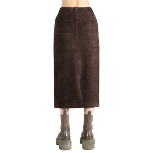 Jupe midi vintage en cuir suédé véritable taille haute pour femme, marron uni, avec fente et ceinture, respirante et écologique, collection automne - Product Image 5
