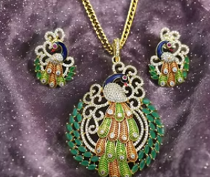 Parure Collier Pendentif et Boucles d'Oreilles Tendance en Or Blanc avec Pierres AD, Motif Paon et Ornements Navratana, Idéale pour Mariages et Soirées - Product Image 2