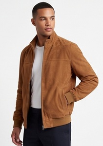 Wholesale <b>Men</b> <b>Suede</b> Varsity Bomber <b>Jacket</b> Tan Stand Collar Flight Coat Custom Slim Fit Ribbed Trim Eco-Friendly Windproof Satin - Product Image 4