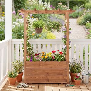 Fioriera Rialzata in Legno di Pino Naturale con Traliccio Arancione e Tetto Sospeso per Drenaggio, Ideale per Edifici da Giardino - Product Image 3