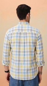 เสื้อเชิ้ตผู้ชาย Enovate สีเหลือง-น้ำเงิน ลายสก็อต ผ้าฝ้ายทอ กระดุมสองแถว แขนยาว ปกคอพับ ระบายอากาศได้ดี สไตล์ฤดูร้อน - Product Image 2
