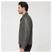 Blouson Moto en Cuir Original Homme Bleu et Marron Col Montant Fermeture Éclair Coupe Slim Manches Classiques Style Color Block Automne