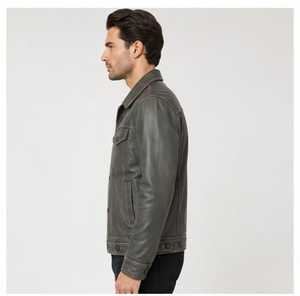Blouson Moto en Cuir Original Homme Bleu et Marron Col Montant Fermeture Éclair Coupe Slim Manches Classiques Style Color Block Automne - Product Image 3