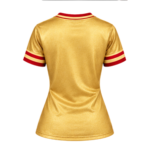 PDK 1923 เสื้อฟุตบอลผู้หญิงสีทองสีแดงคอวีลายพวงหรีดกราฟิกแขนสั้นเสื้อกีฬาเสื้อวาร์ซิตี้ลายทางสอโรริตี้ - Product Image 4