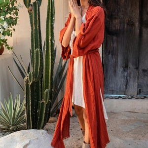 Prix de gros Robe Kimono Cardigan pour Femme, Cape Enveloppante Tribal Ibiza, Robe Bohème, Robe de Plage en Coton Brut, Cache-maillot de bain rouge - Product Image 2