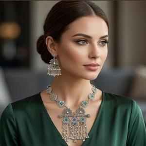 DIVYORO Women's Ornate OXIDIZED SILVER <b>Statement</b> <b>Necklace</b> with Multi-Colored Teardrop Drops Adjustable Length for Anniversary - Product Image 4