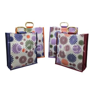Bolsa de Compras de Yute Ecológica y Natural, con Asas de Caña, Estampado Floral Multicolor, Bolsa de Compras de Arpillera - Product Image 1