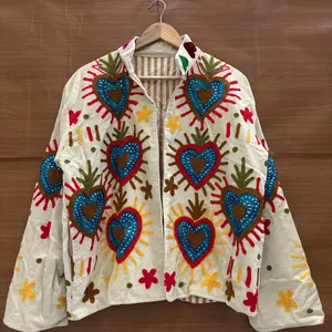 Premium Ivory <b>Velvet</b> Floral Embroidered Suzani <b>Jacket</b> with Heart Print Full Sleeve Stand Collar Handmade Bohemian Autumn Coat - Product Image 1