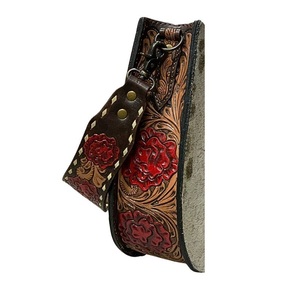 Western Tooled Leather Hair-On Cowhide Crossbody <b>Handbag</b> Floral Hand Carved Shoulder Purse Button Closure Lightweight - Product Image 2