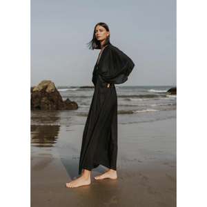 Vestido Largo Kaftán Holgado con Cuello en V Profundo Negro para Mujer, Elegante Vestido Largo para Vacaciones en la Playa o Resort - Product Image 3