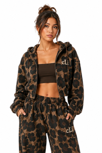 <b>Leopard</b> Floral <b>Print</b> Women’s Cropped Zip <b>Hoodie</b> Tracksuit Set with Oversized Wide Leg Sweatpants Custom Fashion Streetwear Bulk - Product Image 4