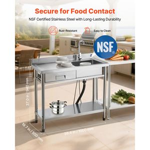 Lavello Commerciale in Acciaio Inossidabile per Cucina con Vasca Singola e Rubinetto a Cassetto per Acqua Calda e Fredda - Product Image 2