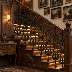 European Style <b>Wooden</b> Curved Staircase Handrail with Black Wrought Iron Balusters - Product Image 5