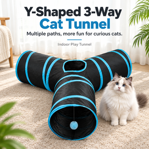 Tunnel pour chat à 3 voies avec ensemble de jouets, pliable et repliable, tunnel de jeu pour animaux de compagnie avec trou de surveillance et balle suspendue, jouets interactifs pour chat - Product Image 1