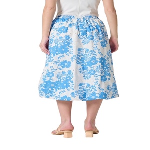 Blue Floral Midi <b>Skirt</b> For Women – Flowy Flared Cut Fit <b>Elastic</b> Waistband Cotton Lined Side Pockets Elegant Summer Style <b>Skirt</b> - Product Image 2