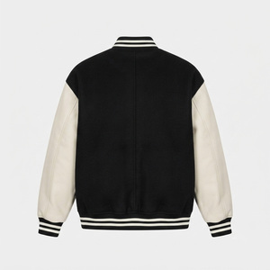 REDDITO SPORTS Men's Coated Patchwork Front Letterman Jacket Cotton Sleeve Black Beige Solid Color <b>Turn</b>-down Collar Horn <b>Button</b> - Product Image 3