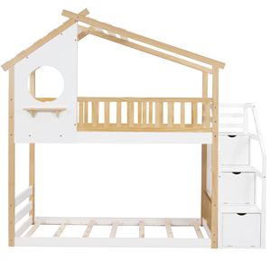 Letto a castello singolo + singolo Natural + White con contenitore e sponda di protezione, letto a casetta per bambini (Vecchio SKU LT000308AAK) - Product Image 3