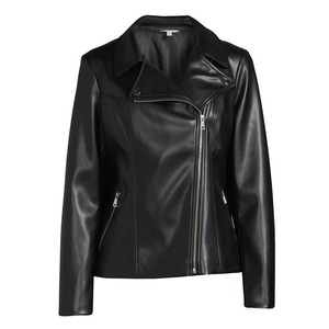 Veste Moto Femme en Cuir Véritable et Toile Écologique, Col Montant, Fermeture Éclair, Couleur Unie, Manches Longues, Multi-Saisons - Product Image 1
