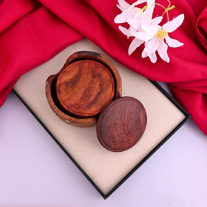 Juego de cinco posavasos redondos de madera hechos a mano con incrustaciones florales, con soporte, posavasos vintage para bebidas, artículo decorativo artesanal para mesa. - Product Image 5